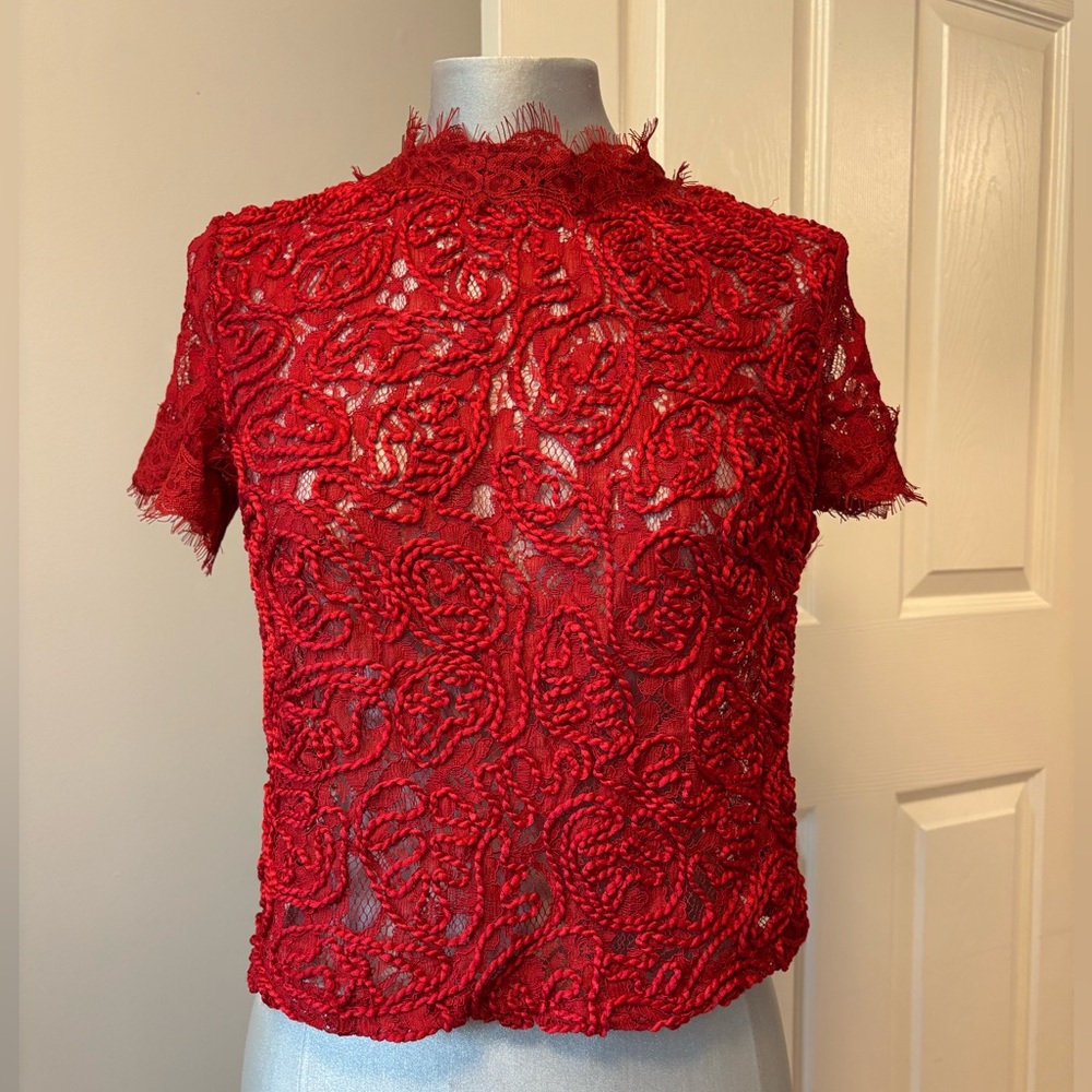 Zara Red Lace Blouse with Mandarin Collar